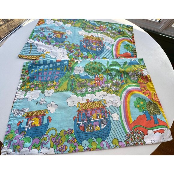 Vintage 70s pillowcases, Sears Noah's Ark, blue, purple, orange, pair - Picture 1 of 10